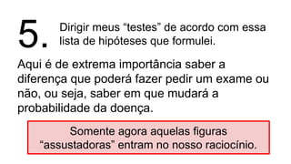 Dirigir meus “testes” de acordo com essa
lista de hipóteses que formulei.
Aqui é de extrema importância saber a
diferença que poderá fazer pedir um exame ou
não, ou seja, saber em que mudará a
probabilidade da doença.
5.
Somente agora aquelas figuras
“assustadoras” entram no nosso raciocínio.
 