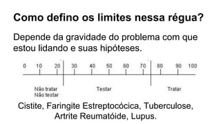 Como defino os limites nessa régua?
Depende da gravidade do problema com que
estou lidando e suas hipóteses.
Cistite, Faringite Estreptocócica, Tuberculose,
Artrite Reumatóide, Lupus.
 