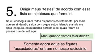 Dirigir meus “testes” de acordo com essa
lista de hipóteses que formulei.
Se eu consegui fazer todos os passos corretamente, por mais
que eu ainda não saiba com o que estou lidando e ainda me
sinta inseguro, estou menos perdido e sei quais foram os
passos que dei até aqui.
5.
Somente agora aquelas figuras
“assustadoras” entram no nosso raciocínio.
Mas, quando vamos falar delas?
 