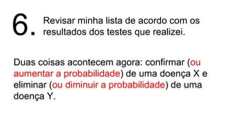 Revisar minha lista de acordo com os
resultados dos testes que realizei.
Duas coisas acontecem agora: confirmar (ou
aumentar a probabilidade) de uma doença X e
eliminar (ou diminuir a probabilidade) de uma
doença Y.
6.
 