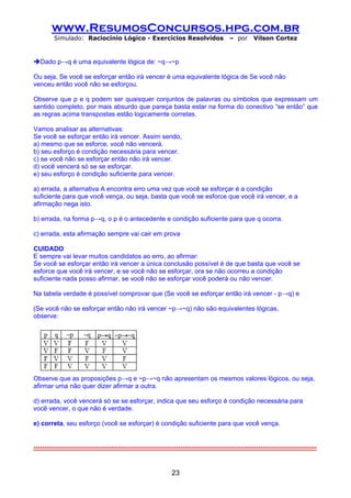 www.ResumosConcursos.hpg.com.br
         Simulado: Raciocínio Lógico - Exercícios Resolvidos                              – por      Vilson Cortez



   Dado p→q é uma equivalente lógica de: ~q→~p

Ou seja, Se você se esforçar então irá vencer é uma equivalente lógica de Se você não
venceu então você não se esforçou.

Observe que p e q podem ser quaisquer conjuntos de palavras ou símbolos que expressam um
sentido completo, por mais absurdo que pareça basta estar na forma do conectivo “se então” que
as regras acima transpostas estão logicamente corretas.

Vamos analisar as alternativas:
Se você se esforçar então irá vencer. Assim sendo,
a) mesmo que se esforce, você não vencerá.
b) seu esforço é condição necessária para vencer.
c) se você não se esforçar então não irá vencer.
d) você vencerá só se se esforçar.
e) seu esforço é condição suficiente para vencer.

a) errada, a alternativa A encontra erro uma vez que você se esforçar é a condição
suficiente para que você vença, ou seja, basta que você se esforce que você irá vencer, e a
afirmação nega isto.

b) errada, na forma p→q, o p é o antecedente e condição suficiente para que q ocorra.

c) errada, esta afirmação sempre vai cair em prova

CUIDADO
E sempre vai levar muitos candidatos ao erro, ao afirmar:
Se você se esforçar então irá vencer a única conclusão possível é de que basta que você se
esforce que você irá vencer, e se você não se esforçar, ora se não ocorreu a condição
suficiente nada posso afirmar, se você não se esforçar você poderá ou não vencer.

Na tabela verdade é possível comprovar que (Se você se esforçar então irá vencer - p→q) e

(Se você não se esforçar então não irá vencer ~p→~q) não são equivalentes lógicas,
observe:




Observe que as proposições p→q e ~p→~q não apresentam os mesmos valores lógicos, ou seja,
afirmar uma não quer dizer afirmar a outra.

d) errada, você vencerá só se se esforçar, indica que seu esforço é condição necessária para
você vencer, o que não é verdade.

e) correta, seu esforço (você se esforçar) é condição suficiente para que você vença.


-----------------------------------------------------------------------------------------------------------------------------------


                                                               23
 