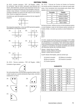 Editora terra
34. (FCC - Auxiliar Judiciário - TRT - 24ª Região - 2006)                                  36. (FCC - Tribunal de Contas do Estado da Paraíba)
Do conhecido “Jogo da Velha” participam duas pessoas que                                   Um torneio de tênis é disputado em um clube por quatro joga-




                                                                   APOSTILAS
devem, alternadamente, assinalar suas respectivas marcas nas                               dores. Cinco torcedores são entrevistados para darem seus
casas de um esquema formado por linhas paralelas, duas hori-
                                                                                           palpites sobre os dois prováveis finalistas:
zontais e duas verticais. O vencedor será aquele que primeiro




                                                                   APOSTILAS CURSO OPÇÃO
conseguir assinalar sua marca em três casas de uma mesma                                                  Torcedor                Palpite
linha, coluna ou diagonal do esquema.                                                                         1º              Carlos e Davi
Considere que, após três jogadas sucessivas, tem-se o seguinte                                                2º            Carlos e Antônio
esquema:
                        X     O                                                                               3º             Antônio e Davi




                                                                   APOSTILAS CURSO OPÇÃO
                                                                                                              4º             Beto e Antônio
                                                                                                              5º               Davi e Beto
                        X
                                                                                           No final do torneio, verificou-se que um dos torcedores acertou
Dos esquemas seguintes, o único que NÃO apresenta jogadas                                  os dois finalistas e cada um dos demais acertou somente um




                                                                   APOSTILAS CURSO OPÇÃO
equivalentes à do esquema acima é.                                                         finalista. Então, o torcedor que acertou os dois finalistas foi o:
      (A)                X          (D)          O      X                                  (A) 1º
                                                                                           (B) 2º
                                                                                           (C) 3º
                                                                                           (D) 4º
                  O      X                              X

                                                                   APOSTILAS CURSO OPÇÃO
                                                                                           (E) 5º

                                                                                           37. (FCC - Auditor Fiscal Ciências da Computação- TC-PI - 2005)
      (B)                           (E)    X                                               Um departamento de uma empresa de consultoria é composto
                                                                                           de por gerentes e 3 consultores. Todo cliente desse departa-
                         O                                                                 mento necessariamente é atendido por uma equipe formada por
                                                                   APOSTILAS CURSO OPÇÃO




                                                                                           1 gerente e 2 consultores. As equipes escaladas para atender
            X            X                        O     X                                  três diferentes clientes são mostradas abaixo;
                                                                                           Cliente 1: André, Bruno e Cecília
                                                                                           Cliente 2: Cecília, Débora e Evandro
      (C)                                                                                  Cliente 3: André, Bruno e Evandro
            X
                                                                   APOSTILAS CURSO OPÇÃO




                                                                                           A partir dessas informações, pode-se concluir que

                                                                                                (A) André é consultor        (D) Débora é consultora
            X    O                                                                              (B) Bruno é gerente          (E) Evandro é consultor
                                                                                                (C) Cecília é gerente
                                                                   APOSTILAS CURSO OPÇÃO




35. (FCC - Técnico Judiciário - TRT- 24ª Região - 2006)
Considere a figura abaixo:
                                                                                                                    GABARITO

                                                                                            01. B           11. E            21. A           31. C
                                                                   APOSTILAS CURSO OPÇÃO




Se você pudesse fazer uma das figuras seguintes deslizar sobre                              02. D           12. A            22. C           32. A
o papel, aquela que, quando sobreposta à figura dada, coincidirá
                                                                                            03. D           13. C            23. A           33. E
exatamente com ela é
                                                                                            04. B           14. A            24. E           34. E
(A)                                  (D)
                                                                   APOSTILAS CURSO OPÇÃO




                                                                                            05. B           15. D            25. C           35. A
                                                                                            06. E           16. D            26. E           36. C
                                                                                            07. E           17. D            27. A           37. E
(B)                                  (E)                                                    08. B           18. Q.R.         28. C
                                                                   APOSTILAS CURSO OPÇÃO




                                                                                            09. B           19. Q.R.         29. B
                                                                                            10. D           20. Q.R.         30. B

(C)
                                                                   APOSTILAS CURSO OPÇÃO




                                                                                                         RACIOCÍNIO LÓGICO                              15
 