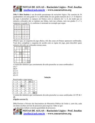 NOTAS DE AULAS – Raciocínio Lógico - Prof. Joselias
             joselias@uol.com.br - www.concurseiros.org
210) O Mini Sudoku é um divertido passatempo de raciocínio lógico. Ele consiste de 36
quadradinhos em uma grade 6 x 6, subdividida em seis grades menores de 2 x 3. O objetivo
do jogo é preencher os espaços em branco com os números de 1 a 6, de modo que os
números colocados não se repitam nas linhas, nem nas colunas, nem nas grades 2 x 3 e
tampouco na grade 6 x 6, conforme é mostrado no exemplo que segue.




Observe que, no esquema de jogo abaixo, três das casas em branco aparecem sombreadas.
Você deve completar o esquema de acordo com as regras do jogo, para descobrir quais
números deverão ser colocados nessas casas.




A soma dos números que corretamente deverão preencher as casas sombreadas é
(A) 7
(B) 9
(C) 11
(D) 13
(E) 15
                                      Solução
Resolvendo o jogo temos:
1 3      2     6    4    5
4 5      6     3    1    2
6 4      5     2    3    1
2 1      3     5    6    4
5 6      1     4    2    3
3 2      4     1    5    6
A soma dos números que corretamente deverão preencher as casas sombreadas é 4 +5 +6 =
15.
(Opção correta E).

211) Floriano e Peixoto são funcionários do Ministério Público da União e, certo dia, cada
um deles recebeu um lote de processos para arquivar. Sabe-se que:
– os dois lotes tinham a mesma quantidade de processos;
            NOTAS DE AULAS – Raciocínio Lógico - Prof. Joselias
             joselias@uol.com.br - www.concurseiros.org
 