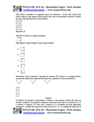 NOTAS DE AULAS – Raciocínio Lógico - Prof. Joselias
         joselias@uol.com.br - www.concurseiros.org
329) (FCC) Considere os seguintes pares de números: (3,10) (1,8) (5,12) (2,9)
(4,10). Observe que quatro desses pares têm uma característica comum. O único
par que não apresenta tal característica é
a) (3,10)
b) (1,8)
c) (5,12)
d) (2,9)
e) (4,10)
Resposta: E

330) (FCC) Observe a figura seguinte:


Qual figura é igual à figura acima representada?




Instruções: Para responder à questão de número 331, observe o exemplo abaixo,
no qual são dados três conjuntos de números, seguidos de cinco alternativas.
 3    4           1     5           2    8
   12               11                x

a) 10
b) 12
c) 13
d) 15
e) 18
                                     Solução
O objetivo da questão é determinar o número x que aparece abaixo do traço no
terceiro conjunto. No primeiro conjunto, acima do traço, têm-se os números 3 e 4,
e, abaixo, o número 12. Note que o número 12 é resultado de duas operações
sucessivas: a adição dos números acima do traço (3 + 4 = 7), seguida da adição de 5
        NOTAS DE AULAS – Raciocínio Lógico - Prof. Joselias
         joselias@uol.com.br - www.concurseiros.org
 