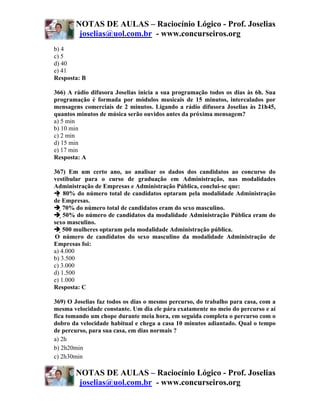NOTAS DE AULAS – Raciocínio Lógico - Prof. Joselias
        joselias@uol.com.br - www.concurseiros.org
b) 4
c) 5
d) 40
e) 41
Resposta: B

366) A rádio difusora Joselias inicia a sua programação todos os dias às 6h. Sua
programação é formada por módulos musicais de 15 minutos, intercalados por
mensagens comerciais de 2 minutos. Ligando a rádio difusora Joselias às 21h45,
quantos minutos de música serão ouvidos antes da próxima mensagem?
a) 5 min
b) 10 min
c) 2 min
d) 15 min
e) 17 min
Resposta: A

367) Em um certo ano, ao analisar os dados dos candidatos ao concurso do
vestibular para o curso de graduação em Administração, nas modalidades
Administração de Empresas e Administração Pública, conclui-se que:
    80% do número total de candidatos optaram pela modalidade Administração
de Empresas.
      70% do número total de candidatos eram do sexo masculino.
       50% do número de candidatos da modalidade Administração Pública eram do
sexo masculino.
     500 mulheres optaram pela modalidade Administração pública.
O número de candidatos do sexo masculino da modalidade Administração de
Empresas foi:
a) 4.000
b) 3.500
c) 3.000
d) 1.500
e) 1.000
Resposta: C

369) O Joselias faz todos os dias o mesmo percurso, do trabalho para casa, com a
mesma velocidade constante. Um dia ele pára exatamente no meio do percurso e aí
fica tomando um chope durante meia hora, em seguida completa o percurso com o
dobro da velocidade habitual e chega a casa 10 minutos adiantado. Qual o tempo
de percurso, para sua casa, em dias normais ?
a) 2h
b) 2h20min
c) 2h30min

       NOTAS DE AULAS – Raciocínio Lógico - Prof. Joselias
        joselias@uol.com.br - www.concurseiros.org
 
