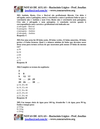 NOTAS DE AULAS – Raciocínio Lógico - Prof. Joselias
         joselias@uol.com.br - www.concurseiros.org
382) Antônio, Bento, Ciro e Dorival são profissionais liberais. Um deles é
advogado, outro é paisagista, outro é veterinário e outro é professor.Sabe-se que: o
veterinário não é Antônio e nem Ciro; Bento não é veterinário nem paisagista;
Ciro não é advogado e nem paisagista. A conclusão correta quanto à
correspondência entre carreira e profissional está indicada em:
a) advogado – Dorival
b) paisagista – Dorival
c) paisagista – Antônio
d) advogado – Antônio
Resposta: C

383) Em uma urna há 28 bolas azuis, 20 bolas verdes, 12 bolas amarelas, 10 bolas
pretas e 8 bolas brancas. Qual é o número mínimo de bolas que devemos sacar
dessa urna para termos certeza de que sacaremos pelo menos 15 bolas da mesma
cor?
a) 58
b) 59
c) 60
d) 71
e) 72
Resposta: B

384) Complete os termos da seqüência:
  2
  5     8
  9     13 17
  14 .... 24      29
  20 26 ....      38    ....
a) 18, 28 e 40
b) 19, 32 e 44
c) 22, 36 e 46
d) 23, 29 e 43
e) 23, 28 e 48
Resposta: B

385) Um tanque cheio de água pesa 140 kg, tirando-lhe ¾ de água, pesa 50 kg.
Então o tanque pesa:
a) 10 kg
b) 14 kg
c) 20 kg

        NOTAS DE AULAS – Raciocínio Lógico - Prof. Joselias
         joselias@uol.com.br - www.concurseiros.org
 