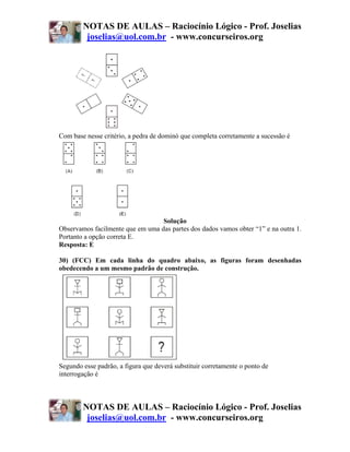 NOTAS DE AULAS – Raciocínio Lógico - Prof. Joselias
         joselias@uol.com.br - www.concurseiros.org




Com base nesse critério, a pedra de dominó que completa corretamente a sucessão é




                                  Solução
Observamos facilmente que em uma das partes dos dados vamos obter “1” e na outra 1.
Portanto a opção correta E.
Resposta: E

30) (FCC) Em cada linha do quadro abaixo, as figuras foram desenhadas
obedecendo a um mesmo padrão de construção.




Segundo esse padrão, a figura que deverá substituir corretamente o ponto de
interrogação é



        NOTAS DE AULAS – Raciocínio Lógico - Prof. Joselias
         joselias@uol.com.br - www.concurseiros.org
 
