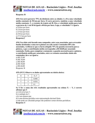 NOTAS DE AULAS – Raciocínio Lógico - Prof. Joselias
         joselias@uol.com.br - www.concurseiros.org
Resposta: B

433) Um carro percorre 75% da distância entre as cidades A e B a uma velocidade
média constante de 50 km por hora. O carro percorre, também a uma velocidade
média constante, V, o restante do trajeto até B. Ora, a velocidade média para todo
o percurso de A até B foi igual a 40 km por hora. Logo, a velocidade V é igual a
a) 20 km por hora
b) 10 km por hora
c) 25 km por hora
d) 30 km por hora
e) 37,5 km por hora
Resposta:C

434) Um clube está fazendo uma campanha, entre seus associados, para arrecadar
fundos destinados a uma nova pintura na sede social. Contatados 60% dos
associados, verificou-se que se havia atingido 75% da quantia necessária para a
pintura, e que a contribuição média correspondia a R$ 60,00 por associado
contatado. Então, para completar exatamente a quantia necessária para a pintura,
a contribuição média por associados, entre os restantes associados ainda não
contatados, deve ser igual a:
a) R$ 25,00
b) R$ 30,00
c) R$ 40,00
d) R$ 50,00
e) R$ 60,00
Resposta: B

435) (FCC) Observe os dados apresentados na tabela abaixo:




Se S for a soma dos três resultados apresentados na coluna X ÷ Y, é correto
afirmar que S
a) é divisível por 3.
b) é múltiplo de 5.
c)) é um número par.
d) é uma dízima periódica sem representação decimal finita.
e) não pode ser calculado porque não podemos somar dízimas periódicas.
Resposta: C



        NOTAS DE AULAS – Raciocínio Lógico - Prof. Joselias
         joselias@uol.com.br - www.concurseiros.org
 