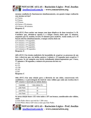 NOTAS DE AULAS – Raciocínio Lógico - Prof. Joselias
         joselias@uol.com.br - www.concurseiros.org
mesmas condições.Se funcionarem simultaneamente, em quanto tempo realizarão
esse mesmo serviço?
a) 3 horas.
b) 9 horas.
c) 25 horas.
d) 4 horas e 50 minutos.
e)) 6 horas e 40 minutos.
Resposta: E

444) (FCC) Para encher um tanque com água dispõe-se de duas torneiras I e II.
Considere que, abrindo-se apenas I, o tanque estaria cheio após 12 minutos,
enquanto que II, sozinha, levaria 15 minutos para enchê-lo. Assim sendo, se I e II
fossem abertas simultaneamente, o tanque estaria cheio em
a) 6 minutos e 10 segundos.
b) 6 minutos e 15 segundos.
c) 6 minutos e 25 segundos.
d) 6 minutos e 30 segundos.
e)) 6 minutos e 40 segundos.
Resposta: E

445) (FCC) Um técnico judiciário foi incumbido de arquivar os processos de um
lote e observou que, em média, gastava 1 minuto e 15 segundos para arquivar 3
processos. Se ele cumpriu essa tarefa trabalhando ininterruptamente por 1 hora,
17 minutos e 30 segundos, o número de processos do lote era
a) 126
b) 153
c)) 186
d) 192
e) 201
Resposta: C

446) (FCC) Em uma eleição para a diretoria de um clube, concorreram três
candidatos, e a porcentagem do total de votos válidos que cada um recebeu dos 6
439 votantes é mostrada na tabela abaixo.




Se nessa eleição houve 132 votos nulos e 257 em branco, considerados não válidos,
então
a) João Pedro obteve um total de 1 200 votos.
b) José Plínio obteve 620 votos a mais que João Pedro.

        NOTAS DE AULAS – Raciocínio Lógico - Prof. Joselias
         joselias@uol.com.br - www.concurseiros.org
 
