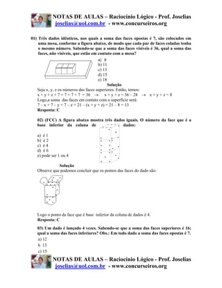 NOTAS DE AULAS – Raciocínio Lógico - Prof. Joselias
            joselias@uol.com.br - www.concurseiros.org

01) Três dados idênticos, nos quais a soma das faces opostas é 7, são colocados em
    uma mesa, conforme a figura abaixo, de modo que cada par de faces coladas tenha
    o mesmo número. Sabendo-se que a soma das faces visíveis é 36, qual a soma das
    faces, não visíveis, que estão em contato com a mesa?
                                     a) 8
                                       b) 11
                                       c) 13
                                       d) 15
                                       e) 18
                                             Solução
   Seja x, y, z os números das faces superiores. Então, temos:
   x + y + z + 7 + 7 + 7 + 7 = 36 → x + y + z = 36 – 28 → x + y + z = 8
   Logo,a soma das faces em contato com a superfície será:
   7 – x + 7 – y + 7 – z = 21 – (x + y + z) = 21 – 8 = 13
   Resposta: C

   02) (FCC) A figura abaixo mostra três dados iguais. O número da face que é a
   base inferior da coluna de                dados:

   a) é 1
   b) é 2
   c) é 4
   d) é 6
   e) pode ser 1 ou 4

              Solução
   Observe que podemos concluir que os pontos das faces do dado são:




   Logo o ponto da face que é base inferior da coluna de dados é 4.
   Resposta: C
   03) Um dado é lançado 4 vezes. Sabendo-se que a soma das faces superiores é 16;
   qual a soma das faces inferiores? Obs.: Em todo dado a soma das faces opostas é 7.
   a) 12
   b 13
   c) 15
           NOTAS DE AULAS – Raciocínio Lógico - Prof. Joselias
            joselias@uol.com.br - www.concurseiros.org
 