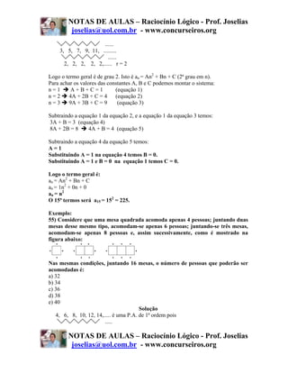 NOTAS DE AULAS – Raciocínio Lógico - Prof. Joselias
         joselias@uol.com.br - www.concurseiros.org
                     ......
    3, 5, 7, 9, 11, .........
                       ......
      2, 2, 2, 2, 2,...... r = 2

Logo o termo geral é de grau 2. Isto é an = An2 + Bn + C (2ª grau em n).
Para achar os valores das constantes A, B e C podemos montar o sistema:
n=1      A+B+C=1             (equação 1)
n=2      4A + 2B + C = 4     (equação 2)
n=3      9A + 3B + C = 9      (equação 3)

Subtraindo a equação 1 da equação 2, e a equação 1 da equação 3 temos:
3A + B = 3 (equação 4)
8A + 2B = 8      4A + B = 4 (equação 5)

Subtraindo a equação 4 da equação 5 temos:
A=1
Substituindo A = 1 na equação 4 temos B = 0.
Substituindo A = 1 e B = 0 na equação 1 temos C = 0.

Logo o termo geral é:
an = An2 + Bn + C
an = 1n2 + 0n + 0
an = n2
O 15ª termos será a15 = 152 = 225.

Exemplo:
55) Considere que uma mesa quadrada acomoda apenas 4 pessoas; juntando duas
mesas desse mesmo tipo, acomodam-se apenas 6 pessoas; juntando-se três mesas,
acomodam-se apenas 8 pessoas e, assim sucessivamente, como é mostrado na
figura abaixo:



Nas mesmas condições, juntando 16 mesas, o número de pessoas que poderão ser
acomodadas é:
a) 32
b) 34
c) 36
d) 38
e) 40
                                        Solução
   4, 6, 8, 10, 12, 14,..... é uma P.A. de 1ª ordem pois
                        .....

        NOTAS DE AULAS – Raciocínio Lógico - Prof. Joselias
         joselias@uol.com.br - www.concurseiros.org
 