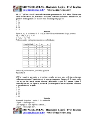 NOTAS DE AULAS – Raciocínio Lógico - Prof. Joselias
         joselias@uol.com.br - www.concurseiros.org
68) (FCC) Uma cafeteira automática aceita apenas moedas de 5, 10 ou 25 centavos
e não devolve troco. Se, feito nessa máquina, cada cafezinho custa 50 centavos, de
quantos modos podem ser usadas essas moedas para pagá-lo?
a) 13
b) 12
c) 11
d) 10
e) 9
                                      Solução
Sejam n1, n2, n3 o número de 5, 10 e 25 centavos respectivamente. Logo teremos:
5 n1 + 10 n2 + 25 n3 = 50
n1 + 2n2 + 5n3 = 10
Podemos então verificar as seguintes possibilidades:

         Possibilidade   n1     n2     n3
               1         0      0      2
               2         0      5      0
               3         1      2      1
               4         2      4      0
               5         3      1      1
               6         4      3      0
               7         6      2      0
               8         8      1      0
               9         5      0      1
              10         10     0      0

Temos 10 possibilidades, conforme opção D.
Resposta: D

69)Um executivo querendo se organizar, precisa agrupar uma série de pastas que
estão em seu poder.Percebe-se que se montar grupos de 3 pastas, 1 fica sobrando,
caso agrupe de 4 em 4 pastas, sobram 2.Montando grupos de 5 pastas, restam 3
e,caso agrupe e 6 em 6 pastas, restam 4. Quantas pastas tem o executivo, sabendo-
se que são menos de 100?
a) 56
b) 57
c) 58
d) 59
e) 60
                                      Solução
Se montar grupos de 3 pastas, 1 fica sobrando.
Logo x +2 é múltiplo de 3.
Caso agrupe de 4 em 4 pastas, sobram 2.
Logo x +2 é múltiplo de 4.
        NOTAS DE AULAS – Raciocínio Lógico - Prof. Joselias
         joselias@uol.com.br - www.concurseiros.org
 