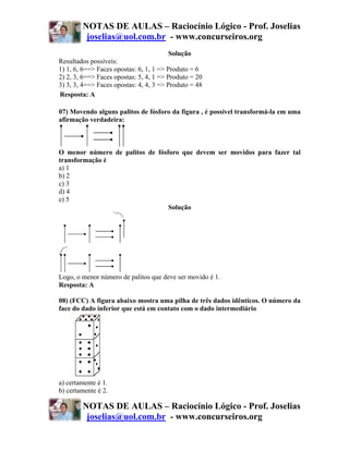 NOTAS DE AULAS – Raciocínio Lógico - Prof. Joselias
         joselias@uol.com.br - www.concurseiros.org
                                         Solução
Resultados possíveis:
1) 1, 6, 6==> Faces opostas: 6, 1, 1 => Produto = 6
2) 2, 3, 6==> Faces opostas: 5, 4, 1 => Produto = 20
3) 3, 3, 4==> Faces opostas: 4, 4, 3 => Produto = 48
Resposta: A

07) Movendo alguns palitos de fósforo da figura , é possível transformá-la em uma
afirmação verdadeira:



O menor número de palitos de fósforo que devem ser movidos para fazer tal
transformação é
a) 1
b) 2
c) 3
d) 4
e) 5
                                 Solução




Logo, o menor número de palitos que deve ser movido é 1.
Resposta: A

08) (FCC) A figura abaixo mostra uma pilha de três dados idênticos. O número da
face do dado inferior que está em contato com o dado intermediário




a) certamente é 1.
b) certamente é 2.

        NOTAS DE AULAS – Raciocínio Lógico - Prof. Joselias
         joselias@uol.com.br - www.concurseiros.org
 