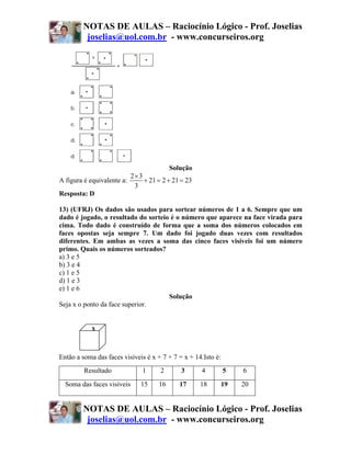 NOTAS DE AULAS – Raciocínio Lógico - Prof. Joselias
         joselias@uol.com.br - www.concurseiros.org




                                        Solução
                          2×3
A figura é equivalente a:     + 21 = 2 + 21 = 23
                           3
Resposta: D

13) (UFRJ) Os dados são usados para sortear números de 1 a 6. Sempre que um
dado é jogado, o resultado do sorteio é o número que aparece na face virada para
cima. Todo dado é construído de forma que a soma dos números colocados em
faces opostas seja sempre 7. Um dado foi jogado duas vezes com resultados
diferentes. Em ambas as vezes a soma das cinco faces visíveis foi um número
primo. Quais os números sorteados?
a) 3 e 5
b) 3 e 4
c) 1 e 5
d) 1 e 3
e) 1 e 6
                                     Solução
Seja x o ponto da face superior.


            x



Então a soma das faces visíveis é x + 7 + 7 = x + 14.Isto é:
         Resultado            1      2       3      4          5   6
  Soma das faces visíveis     15    16      17      18     19      20


        NOTAS DE AULAS – Raciocínio Lógico - Prof. Joselias
         joselias@uol.com.br - www.concurseiros.org
 