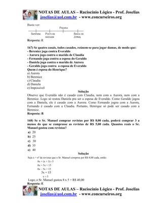 NOTAS DE AULAS – Raciocínio Lógico - Prof. Joselias
          joselias@uol.com.br - www.concurseiros.org
Basta ver:



Resposta: E

167) Se quatro casais, todos casados, reúnem-se para jogar damas, de modo que:
- Berenice joga contra Everaldo
- Aurora joga contra o marido de Claudia
- Fernando joga contra a esposa do Geraldo
- Daniela joga contra o marido de Aurora
- Geraldo joga contra a esposa de Everaldo
Quem é esposa do Henrique?
a) Aurora
b) Berenice
c) Claudia
d) Daniela
e) Impossível
                                      Solução
Observe que Everaldo não é casado com Claudia, nem com a Aurora, nem com a
Berenice. Logo só restou Daniela pra ser a esposa de Everaldo. Como Geraldo jogou
com a Daniela, ele é casado com a Aurora. Como Fernando jogou com a Aurora,
Fernando é casado com a Claudia. Portanto, Henrique só pode ser casado com a
Berenice.
Resposta: B

168) Se o Sr. Manuel comprar revistas por R$ 8,00 cada, poderá comprar 3 a
menos do que se comprasse as revistas de R$ 5,00 cada. Quantos reais o Sr.
Manuel gastou com revistas?
a) 20
b) 25
c) 30
d) 35
e) 40
                                 Solução
Seja x = nº de revistas que o Sr. Manuel comprou por R$ 8,00 cada, então:
         8x = (x + 3) • 5
         8x = 5x + 15
         8x – 5x = 15
             3x = 15
              x=5
Logo, o Sr. Manuel gastou 8 x 5 = R$ 40,00
Resposta: E
         NOTAS DE AULAS – Raciocínio Lógico - Prof. Joselias
          joselias@uol.com.br - www.concurseiros.org
 