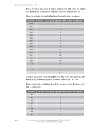22
Questões de raciocínio lógico – Aula 4
	 Dessa forma, o algarismo 1 ocorre exatamente 112 vezes na ordem
das dezenas ao escrevermos todos os números inteiros de 1 a 1 111.
	 Observe as ocorrências do algarismo 1 na ordem das centenas:
Número Total de vezes que o algarismo 1 foi escrito nas dezenas
100 1
101 2
102 3
103 4
104 5
105 6
106 7
107 8
108 9
109 10
110 11
111 12
... ...
199 100
1 100 101
... ...
1 110 111
1 111 112
	 Assim, o algarismo 1 ocorre exatamente 112 vezes na ordem das cen-
tenas ao escrevermos todos os números inteiros de 1 a 1 111.
	 Para a ordem das unidades de milhar, as ocorrências do algarismo 1
são as seguintes:
Número Total de vezes que o algarismo 1 foi escrito nas dezenas
1 000 1
1 001 2
1 002 3
1 003 4
1 004 5
1 005 6
1 006 7
1 007 8
Esse material é parte integrante do Videoaulas on-line do IESDE BRASIL S/A,
mais informações www.videoaulasonline.com.br
 