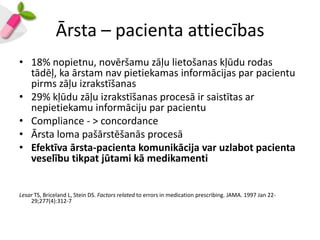 Ārsta – pacienta attiecības
• 18% nopietnu, novēršamu zāļu lietošanas kļūdu rodas
  tādēļ, ka ārstam nav pietiekamas informācijas par pacientu
  pirms zāļu izrakstīšanas
• 29% kļūdu zāļu izrakstīšanas procesā ir saistītas ar
  nepietiekamu informāciju par pacientu
• Compliance - > concordance
• Ārsta loma pašārstēšanās procesā
• Efektīva ārsta-pacienta komunikācija var uzlabot pacienta
  veselību tikpat jūtami kā medikamenti


Lesar TS, Briceland L, Stein DS. Factors related to errors in medication prescribing. JAMA. 1997 Jan 22-
    29;277(4):312-7
 