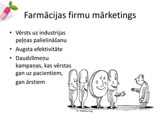 Farmācijas firmu mārketings
• Vērsts uz industrijas
  peļņas palielināšanu
• Augsta efektivitāte
• Daudzlīmeņu
  kampaņas, kas vērstas
  gan uz pacientiem,
  gan ārstiem
 