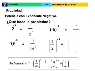 ¿Qué hace la propiedad? 2 - 4 0,6 - 3 = __ 1 2 4 = __ 1 0,6 3 (-5) 4 = ___ 1 - (-5) - 4 7 = 7 __ 3 2 - 2 3 __ Propiedad :  Potencia con Exponente Negativo. En General ó Tema:  2 Fracciones 20 Matemáticas 2º ESO 