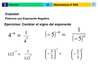 Ejercicios: Cambiar el signo del exponente Propiedad :  Potencia con Exponente Negativo. Tema:  2 Fracciones 22 Matemáticas 2º ESO 