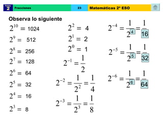 Observa lo siguiente 1024 512 256 128 64 32 16 8 4 2 1 4 16 5 32 6 64 Tema:  2 Fracciones 23 Matemáticas 2º ESO 