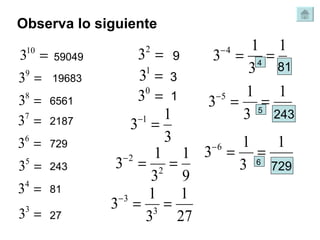 Observa lo siguiente 59049 19683 6561 2187 729 243 81 27 9 3 1 4 81 5 243 6 729 