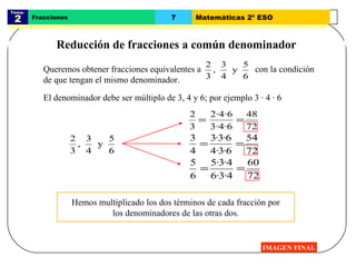 Tema:  2 Fracciones 7 Matemáticas 2º ESO Reducción de fracciones a común denominador IMAGEN FINAL Hemos multiplicado los dos términos de cada fracción por los denominadores de las otras dos. El denominador debe ser múltiplo de 3, 4 y 6; por ejemplo 3 · 4 · 6 Queremos obtener fracciones equivalentes a  con la condición de que tengan el mismo denominador. 