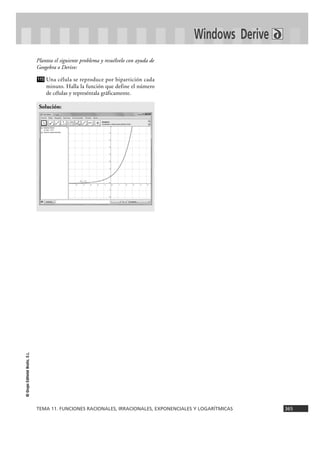 TEMA 11. FUNCIONES RACIONALES, IRRACIONALES, EXPONENCIALES Y LOGARÍTMICAS 365
©GrupoEditorialBruño,S.L.
Plantea el siguiente problema y resuélvelo con ayuda de
Geogebra o Derive:
Una célula se reproduce por bipartición cada
minuto. Halla la función que define el número
de células y represéntala gráficamente.
Solución:
115
Windows Derive
 