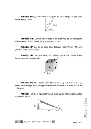 Actividad 145: ¿Cuánto mide la diagonal de un rectángulo cuyos lados
miden 4 cm y 6 cm?
Actividad 146: Calcule el perímetro y la superficie de un rectángulo,
sabiendo que un lado mide 8 cm, y la diagonal 10 cm.
Actividad 147: Dos de los lados de un triángulo miden 27 cm y 18,5 cm.
¿Cuánto mide el tercer lado?
Actividad 148: Las caras de un dado miden 2 cm de lado. Calcule la dis-
tancia entre los vértices a y b.
Actividad 149: Un pizarrón tiene 1,50 m de alto por 3,70 m ancho. Se
desea saber si el pizarrón entra por una ventana que tiene 1,20 m de ancho por
1,30 de alto
Actividad 150: En la figura aparece un poste que se ha quebrado. Calcule
cuál era su altura.
página 229
¿ ?
4cm
6 cm
a
b
2 cm
3m
1,5
 