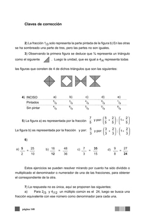 Claves de corrección
2) La fracción 1/3 solo representa la parte pintada de la figura b) En las otras
se ha sombreado una parte de tres, pero las partes no son iguales.
3) Observando la primera figura se deduce que ¼ representa un triángulo
como el siguiente . Luego la unidad, que es igual a 4/4 representa todas
las figuras que consten de 4 de dichos triángulos que son las siguientes:
4)
5) La figura a) es representada por la fracción
La figura b) es representada por la fracción y por:
6)
Estos ejercicios se pueden resolver mirando por cuanto ha sido dividido o
multiplicado el denominador o numerador de una de las fracciones, para obtener
el correspondiente de la otra.
7) La respuesta no es única, aquí se proponen las siguientes:
a) Para 2/3 y 4/12 un múltiplo común es el 24, luego se busca una
fracción equivalente con ese número como denominador para cada una.
página 140
INCISO a) b) c) d) e)
Pintados 5
/9
3
/9
4
/9
9
/9
1
/9
Sin pintar 4
/9
6
/9
5
/9
0
/9
8
/9
5
7
y por: ⎟
⎠
⎞
⎜
⎝
⎛
+⎟
⎠
⎞
⎜
⎝
⎛
+
5
2
1;
5
2
5
5
3
5
y por: ⎟
⎠
⎞
⎜
⎝
⎛
+⎟
⎠
⎞
⎜
⎝
⎛
+
3
2
1;
3
2
3
3
5 25 16 48 7 35 9 27
= = = =a) b) c) d)
 