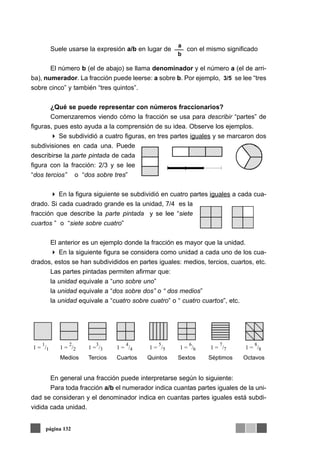 Suele usarse la expresión a/b en lugar de con el mismo significado
El número b (el de abajo) se llama denominador y el número a (el de arri-
ba), numerador. La fracción puede leerse: a sobre b. Por ejemplo, 3/5 se lee “tres
sobre cinco” y también “tres quintos”.
¿Qué se puede representar con números fraccionarios?
Comenzaremos viendo cómo la fracción se usa para describir “partes” de
figuras, pues esto ayuda a la comprensión de su idea. Observe los ejemplos.
Se subdividió a cuatro figuras, en tres partes iguales y se marcaron dos
subdivisiones en cada una. Puede
describirse la parte pintada de cada
figura con la fracción: 2/3 y se lee
“dos tercios” o “dos sobre tres”
En la figura siguiente se subdividió en cuatro partes iguales a cada cua-
drado. Si cada cuadrado grande es la unidad, 7/4 es la
fracción que describe la parte pintada y se lee “siete
cuartos ” o “siete sobre cuatro”
El anterior es un ejemplo donde la fracción es mayor que la unidad.
En la siguiente figura se considera como unidad a cada uno de los cua-
drados, estos se han subdivididos en partes iguales: medios, tercios, cuartos, etc.
Las partes pintadas permiten afirmar que:
la unidad equivale a “uno sobre uno”
la unidad equivale a “dos sobre dos” o “ dos medios”
la unidad equivale a “cuatro sobre cuatro” o “ cuatro cuartos”, etc.
En general una fracción puede interpretarse según lo siguiente:
Para toda fracción a/b el numerador indica cuantas partes iguales de la uni-
dad se consideran y el denominador indica en cuantas partes iguales está subdi-
vidida cada unidad.
página 132
b
a
 