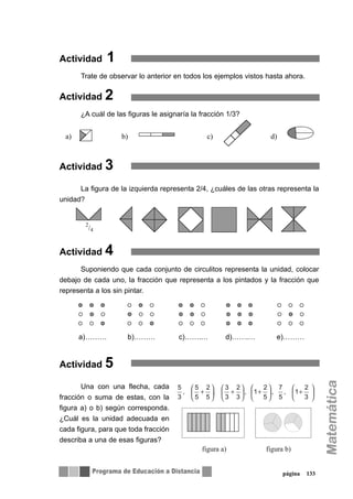Actividad 1
Trate de observar lo anterior en todos los ejemplos vistos hasta ahora.
Actividad 2
¿A cuál de las figuras le asignaría la fracción 1/3?
Actividad 3
La figura de la izquierda representa 2/4, ¿cuáles de las otras representa la
unidad?
Actividad 4
Suponiendo que cada conjunto de circulitos representa la unidad, colocar
debajo de cada uno, la fracción que representa a los pintados y la fracción que
representa a los sin pintar.
Actividad 5
Una con una flecha, cada
fracción o suma de estas, con la
figura a) o b) según corresponda.
¿Cuál es la unidad adecuada en
cada figura, para que toda fracción
describa a una de esas figuras?
página 133
a) b) c) d)
2
/4
a)……… b)……… c)…….… d)…….… e)………
⎟
⎠
⎞
⎜
⎝
⎛
+⎟
⎠
⎞
⎜
⎝
⎛
+⎟
⎠
⎞
⎜
⎝
⎛
+⎟
⎠
⎞
⎜
⎝
⎛
+
3
2
1,
5
7
,
5
2
1,
3
2
3
3
,
5
2
5
5
,
3
5
figura a) figura b)
 
