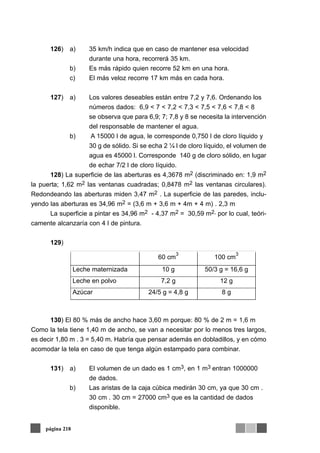 126) a) 35 km/h indica que en caso de mantener esa velocidad
durante una hora, recorrerá 35 km.
b) Es más rápido quien recorre 52 km en una hora.
c) El más veloz recorre 17 km más en cada hora.
127) a) Los valores deseables están entre 7,2 y 7,6. Ordenando los
números dados: 6,9 < 7 < 7,2 < 7,3 < 7,5 < 7,6 < 7,8 < 8
se observa que para 6,9; 7; 7,8 y 8 se necesita la intervención
del responsable de mantener el agua.
b) A 15000 l de agua, le corresponde 0,750 l de cloro líquido y
30 g de sólido. Si se echa 2 ¼ l de cloro líquido, el volumen de
agua es 45000 l. Corresponde 140 g de cloro sólido, en lugar
de echar 7/2 l de cloro líquido.
128) La superficie de las aberturas es 4,3678 m2 (discriminado en: 1,9 m2
la puerta; 1,62 m2 las ventanas cuadradas; 0,8478 m2 las ventanas circulares).
Redondeando las aberturas miden 3,47 m2 . La superficie de las paredes, inclu-
yendo las aberturas es 34,96 m2 = (3,6 m + 3,6 m + 4m + 4 m) . 2,3 m
La superficie a pintar es 34,96 m2 - 4,37 m2 = 30,59 m2, por lo cual, teóri-
camente alcanzaría con 4 l de pintura.
129)
130) El 80 % más de ancho hace 3,60 m porque: 80 % de 2 m = 1,6 m
Como la tela tiene 1,40 m de ancho, se van a necesitar por lo menos tres largos,
es decir 1,80 m . 3 = 5,40 m. Habría que pensar además en dobladillos, y en cómo
acomodar la tela en caso de que tenga algún estampado para combinar.
131) a) El volumen de un dado es 1 cm3, en 1 m3 entran 1000000
de dados.
b) Las aristas de la caja cúbica medirán 30 cm, ya que 30 cm .
30 cm . 30 cm = 27000 cm3 que es la cantidad de dados
disponible.
página 218
60 cm
3
100 cm
3
Leche maternizada 10 g 50/3 g = 16,6 g
Leche en polvo 7,2 g 12 g
Azúcar 24/5 g = 4,8 g 8 g
 