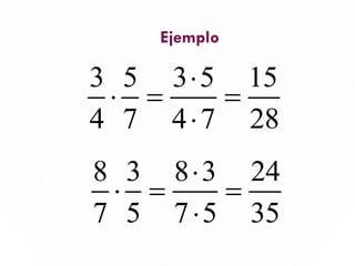Ejemplo
8
3 5 3 5 15
4 7 4 7 28

 = =

8 3 8 3 24
7 5 7 5 35

 = =

 