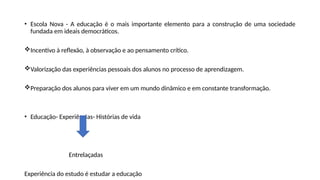 • Escola Nova - A educação é o mais importante elemento para a construção de uma sociedade
fundada em ideais democráticos.
Incentivo à reflexão, à observação e ao pensamento crítico.
Valorização das experiências pessoais dos alunos no processo de aprendizagem.
Preparação dos alunos para viver em um mundo dinâmico e em constante transformação.
• Educação- Experiências- Histórias de vida
Entrelaçadas
Experiência do estudo é estudar a educação
 