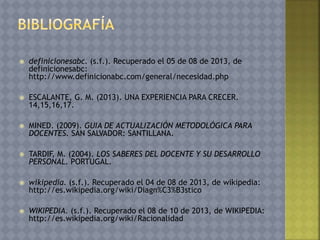  definicionesabc. (s.f.). Recuperado el 05 de 08 de 2013, de
definicionesabc:
http://www.definicionabc.com/general/necesidad.php
 ESCALANTE, G. M. (2013). UNA EXPERIENCIA PARA CRECER.
14,15,16,17.
 MINED. (2009). GUIA DE ACTUALIZACIÓN METODOLÓGICA PARA
DOCENTES. SAN SALVADOR: SANTILLANA.
 TARDIF, M. (2004). LOS SABERES DEL DOCENTE Y SU DESARROLLO
PERSONAL. PORTUGAL.
 wikipedia. (s.f.). Recuperado el 04 de 08 de 2013, de wikipedia:
http://es.wikipedia.org/wiki/Diagn%C3%B3stico
 WIKIPEDIA. (s.f.). Recuperado el 08 de 10 de 2013, de WIKIPEDIA:
http://es.wikipedia.org/wiki/Racionalidad
 