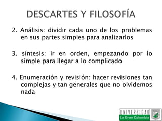 2. Análisis: dividir cada uno de los problemas
   en sus partes simples para analizarlos

3. síntesis: ir en orden, empezando por lo
   simple para llegar a lo complicado

4. Enumeración y revisión: hacer revisiones tan
   complejas y tan generales que no olvidemos
   nada
 