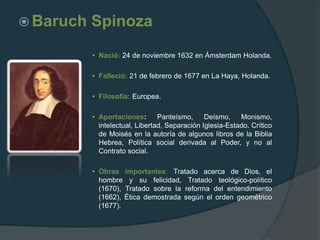 Aportaciones: Parménides escribió una sola obra, un poema en verso épico, del cual nos han llegado fragmentos conservados en citas de otros autores. Los especialistas consideran que la integridad de lo que conservamos es notablemente mayor en comparación con lo que nos ha llegado de las obras de casi todos los restantes Filósofos presocráticos, y por ello su doctrina puede ser reconstruida con mayor precisión.René Descartes: Nació: 31 de Marzo de 1596 (La Haye en Touraine) Falleció: 21 de febrero de 1650 ( Estocolmo, Suecia) Filosofía: Moderna Aportaciones: Las coordenadas cartesianas, la duda metódica, el dualismo, el Argumento Ontológico Obras importantes: Reglas para la dirección del espíritu, La luz o Tratado del mundo y El hombre, Discurso del método para dirigir bien la razón y hallar la verdad en las ciencias, Dióptrica, La Geometría y Los meteoros, Meditaciones metafísicas, Las pasiones del alma. 