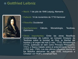 Baruch SpinozaNació: 24 de noviembre 1632 en Ámsterdam Holanda.Falleció: 21 de febrero de 1677 en La Haya, Holanda.Filosofía: Europea.Aportaciones: Panteísmo, Deísmo, Monismo, intelectual, Libertad, Separación Iglesia-Estado. Crítico de Moisés en la autoría de algunos libros de la Biblia Hebrea, Política social derivada al Poder, y no al Contrato social.Obras importantes: Tratado acerca de Dios, el hombre y su felicidad, Tratado teológico-político (1670), Tratado sobre la reforma del entendimiento (1662), Ética demostrada según el orden geométrico (1677). 