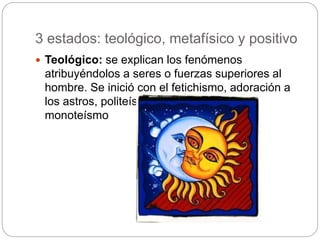 3 estados: teológico, metafísico y positivo
 Teológico: se explican los fenómenos
atribuyéndolos a seres o fuerzas superiores al
hombre. Se inició con el fetichismo, adoración a
los astros, politeísmo (varios dioses) y
monoteísmo
 