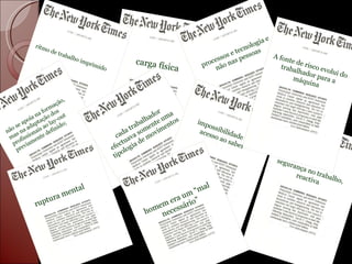 carga física ritmo de trabalho imprimido não se apoia na formação, mas na adaptação dos profissionais ao lay-out previamente definido; segurança no trabalho, reactiva processos e tecnologia e não nas pessoas cada trabalhador efectuava somente uma tipologia de movimentos impossibilidade de acesso ao saber ruptura mental homem era um “mal necessário” A fonte de risco evolui do trabalhador para a máquina 