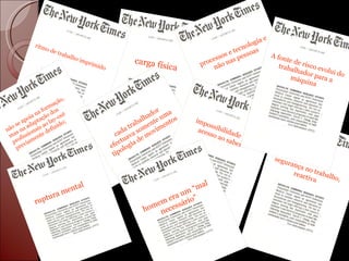 carga física ritmo de trabalho imprimido não se apoia na formação, mas na adaptação dos profissionais ao lay-out previamente definido; segurança no trabalho, reactiva processos e tecnologia e não nas pessoas cada trabalhador efectuava somente uma tipologia de movimentos impossibilidade de acesso ao saber ruptura mental homem era um “mal necessário” A fonte de risco evolui do trabalhador para a máquina 