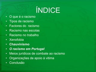ÍNDICEO que é o racismoTipos de racismo Factores do  racismoRacismo nas escolasRacismo no trabalhoXenofobiaChauvinismoO racismo em PortugalMeios jurídicos de combate ao racismoOrganizações de apoio à vitimaConclusão