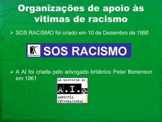 Organizações de apoio às vitimas de racismoSOS RACISMO foi criado em 10 de Dezembro de 1990