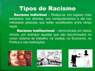Tipos de Racismo Racismo individual – Realça-se nos lugares mais estranhos, nas atitudes, nos comportamentos e até nos interesses pessoais que estão socializados entre várias raças.   Racismo institucional – demonstrado em dados oficiais, por exemplo aqueles que são discriminados no nosso sistema de trabalho, na Justiça, na Economia, na Política e nas instituições.      