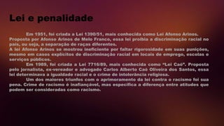 Em 1951, foi criada a Lei 1390/51, mais conhecida como Lei Afonso Arinos.
Proposta por Afonso Arinos de Melo Franco, essa lei proibia a discriminação racial no
país, ou seja, a separação de raças diferentes.
A lei Afonso Arinos se mostrou ineficiente por faltar rigorosidade em suas punições,
mesmo em casos explícitos de discriminação racial em locais de emprego, escolas e
serviços públicos.
Em 1989, foi criada a Lei 7716/89, mais conhecida como “Lei Caó”. Proposta
pelo jornalista, ex-vereador e advogado Carlos Alberto Caó Oliveira dos Santos, essa
lei determinava a igualdade racial e o crime de intolerância religiosa.
Um dos maiores triunfos com o aprimoramento da lei contra o racismo foi sua
pena. Crime de racismo é inafiançável, mas especifica a diferença entre atitudes que
podem ser consideradas como racismo.
Lei e penalidade
 