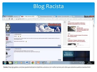 Blog Racista

Fonte: http://g1.globo.com/sao-paulo/noticia/2011/09/miss-universo-2011-sofre-racismo-em-site-que-ostenta-suastica-nazista.html

 