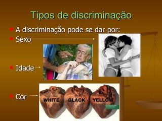 Tipos de discriminação A discriminação pode se dar por: Sexo Idade Cor 