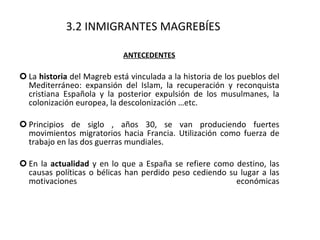 3.2 INMIGRANTES MAGREBÍES ANTECEDENTES La  historia  del Magreb está vinculada a la historia de los pueblos del Mediterráneo: expansión del Islam, la recuperación y reconquista cristiana Española y la posterior expulsión de los musulmanes, la colonización europea, la descolonización …etc. Principios de siglo , años 30, se van produciendo fuertes movimientos migratorios hacia Francia. Utilización como fuerza de trabajo en las dos guerras mundiales. En la  actualidad  y en lo que a España se refiere como destino, las causas políticas o bélicas han perdido peso cediendo su lugar a las motivaciones económicas 