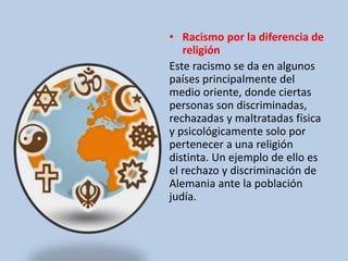 • Racismo por la diferencia de
religión
Este racismo se da en algunos
países principalmente del
medio oriente, donde ciertas
personas son discriminadas,
rechazadas y maltratadas física
y psicológicamente solo por
pertenecer a una religión
distinta. Un ejemplo de ello es
el rechazo y discriminación de
Alemania ante la población
judía.
 